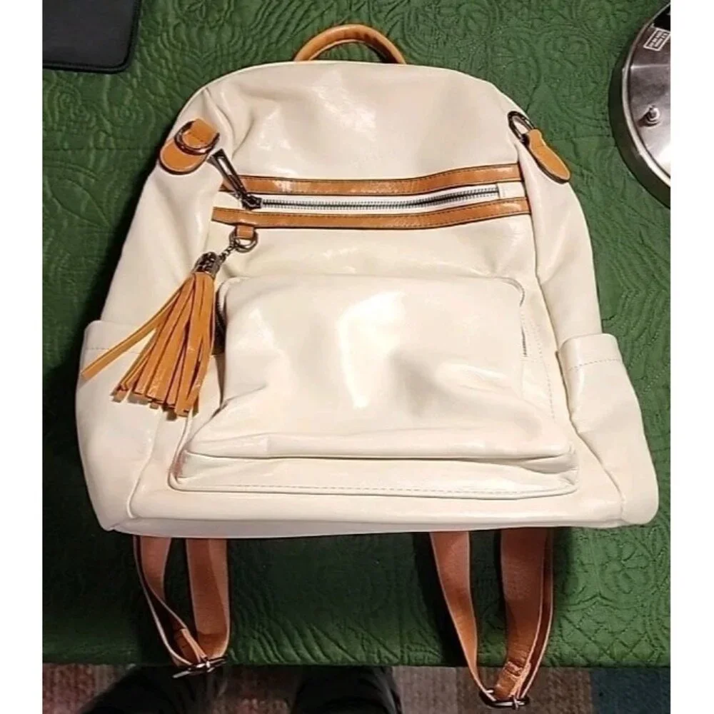 Leather Travel Backpack 2 Toned Tassel Opage No Shoulder Strap School Work Vacat
